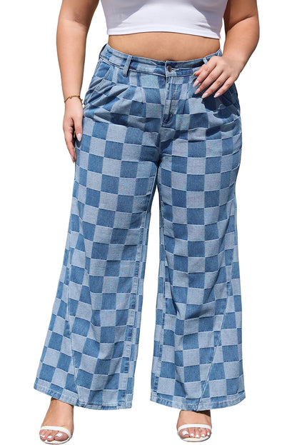 Checkered Wide Leg Jeans Plus Size