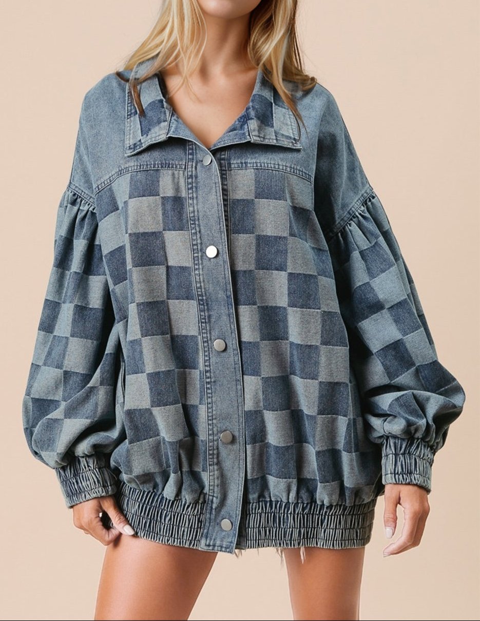 Double Take Checkered Button Up Denim Jacket