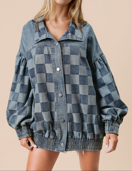 Double Take Checkered Button Up Denim Jacket