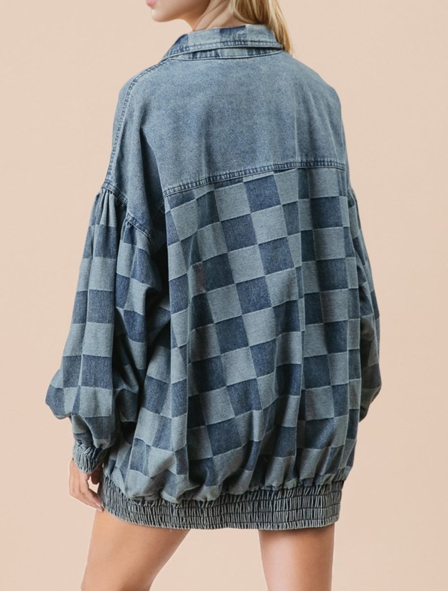 Double Take Checkered Button Up Denim Jacket