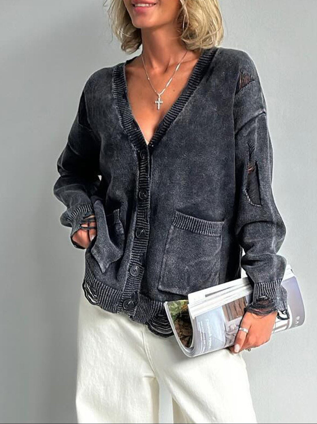 Distressed Button Down Long Sleeve Cardigan