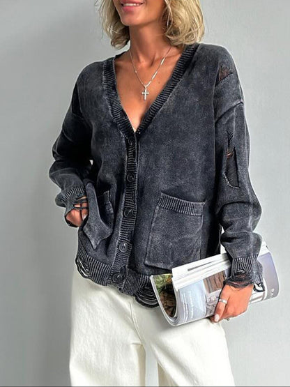 Distressed Button Down Long Sleeve Cardigan